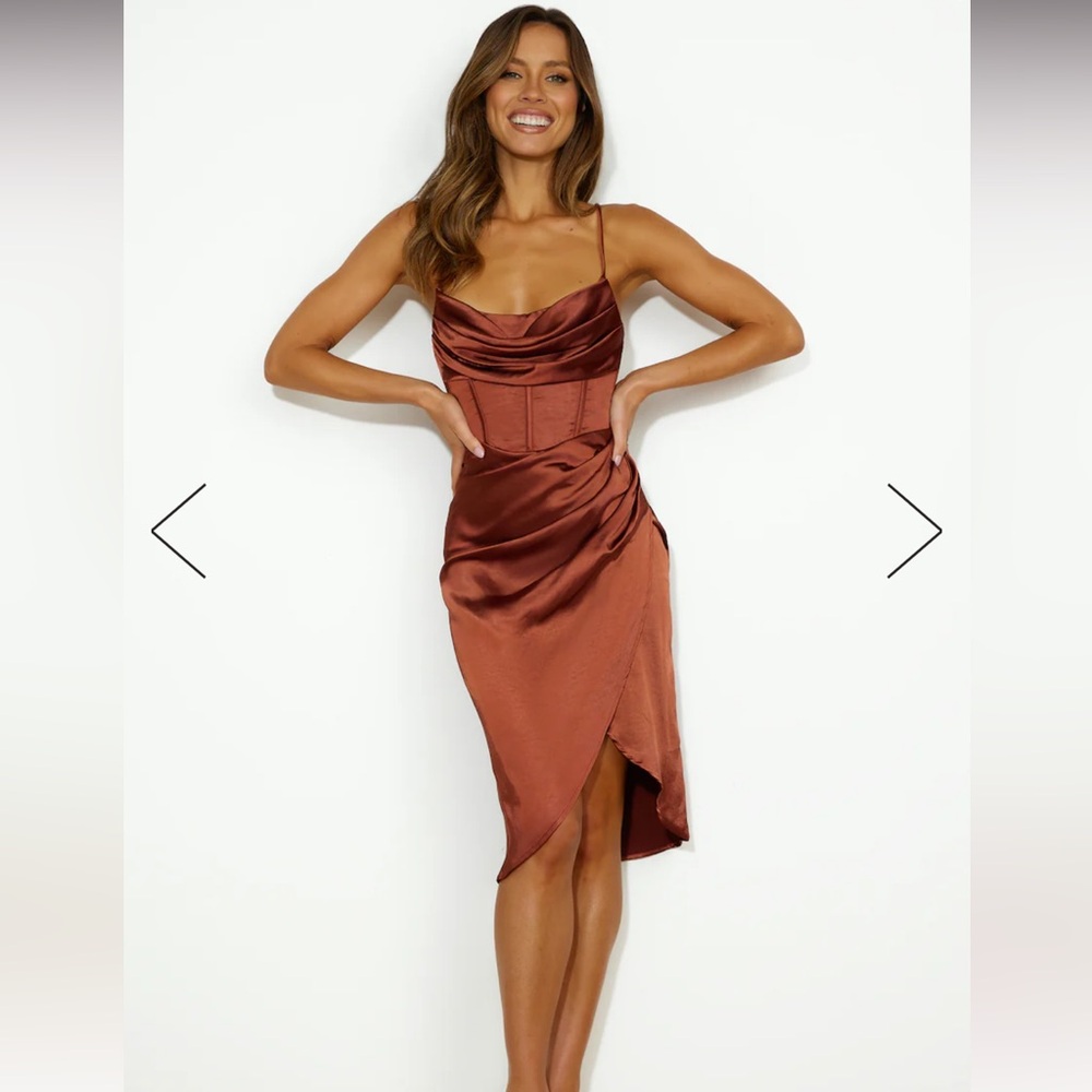 Hello Molly MY FIERCE LOVE SATIN MIDI DRESS BROWN